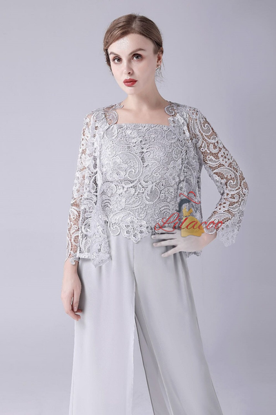 Gray Chiffon Lace Mother Of The Bride Dress
