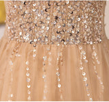 Champagne Tulle Short Sleeve Beading Prom Dress