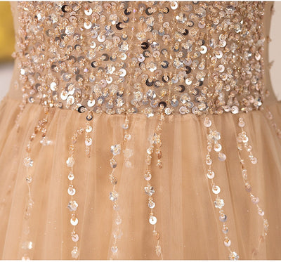 Champagne Tulle Short Sleeve Beading Prom Dress
