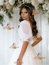 White Tulle Puff Sleeve Apppliques Wedding Dress