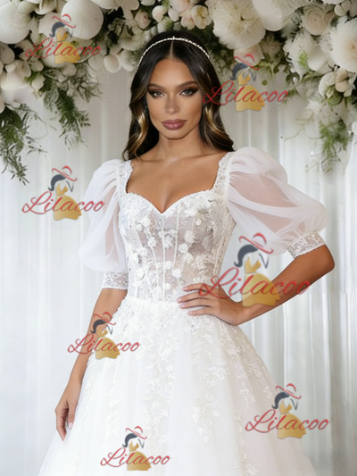 White Tulle Puff Sleeve Apppliques Wedding Dress