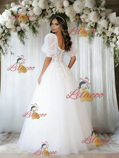 White Tulle Puff Sleeve Apppliques Wedding Dress