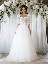 White Tulle Puff Sleeve Apppliques Wedding Dress