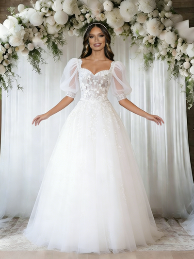 White Tulle Puff Sleeve Apppliques Wedding Dress