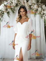 White Mermaid Puff Sleeve Split Wedding Dress
