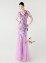 Mermaid Sequins Tulle V-neck Beading Prom Dress