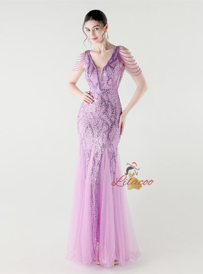 Mermaid Sequins Tulle V-neck Beading Prom Dress