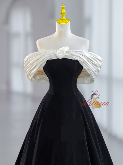 Black Velvet Off the Shoulder Pleats Prom Dress