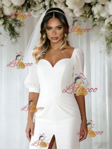 White Mermaid Puff Sleeve Split Wedding Dress
