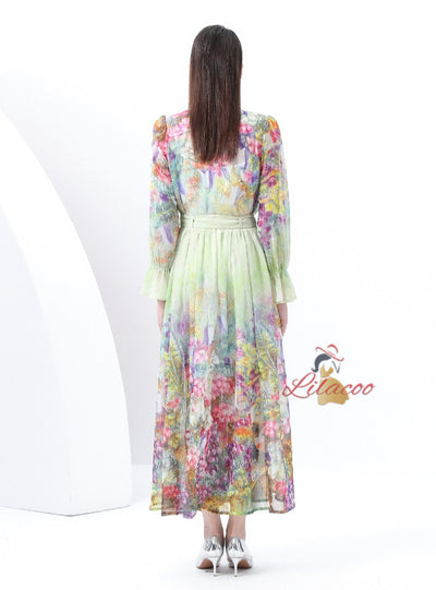 Bow Printed Chiffon Shirt+Skirt Suit