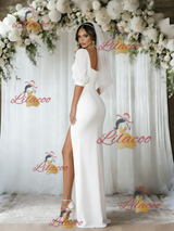 White Mermaid Puff Sleeve Split Wedding Dress