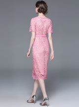Pink Lace Stitching Slim Square Collar Dress