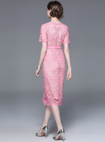 Pink Lace Stitching Slim Square Collar Dress