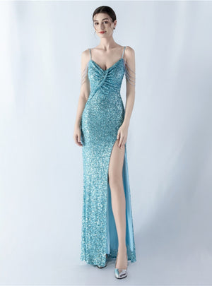 Sequins Straps Beading Split Prom Dress