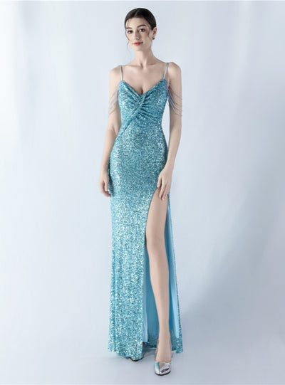 Sequins Straps Beading Split Prom Dress