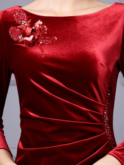 Burgundy Velvet Sequins Mother Of The Bride Dress