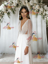 White Long Sleeve V-neck Sequins Wedding Dress