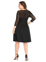 V-neck Solid Color Mesh Stitching Dress