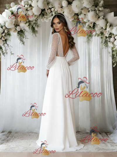 White Long Sleeve V-neck Sequins Wedding Dress