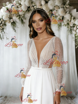 White Long Sleeve V-neck Sequins Wedding Dress