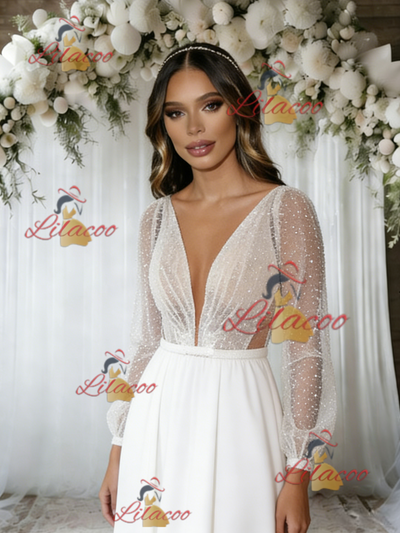 White Long Sleeve V-neck Sequins Wedding Dress