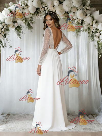 White Long Sleeve V-neck Sequins Wedding Dress