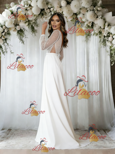 White Long Sleeve V-neck Sequins Wedding Dress
