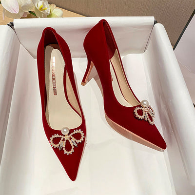 Red High Heels Pearls Wedding Shoes