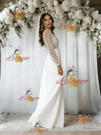White Long Sleeve V-neck Sequins Wedding Dress