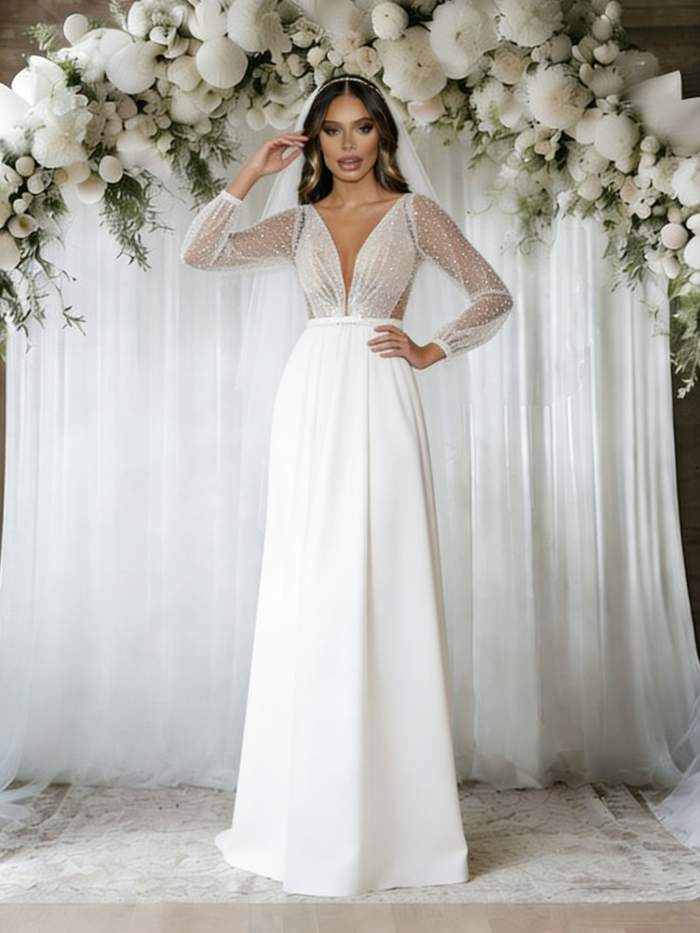 White Long Sleeve V-neck Sequins Wedding Dress