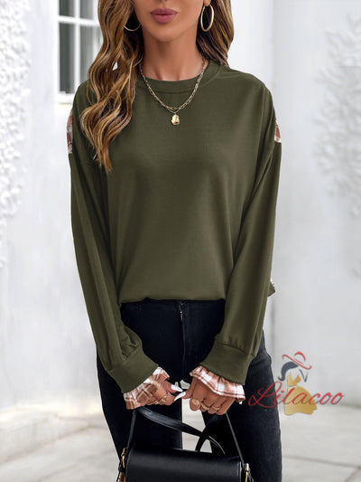 Checked Spliced Round Neck Pullover Top