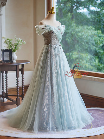 Green Tulle Sequins Off the Shoulder Flower Prom Dress