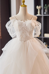 White Lace Tulle Spaghetti Straps Pleats Wedding Dress