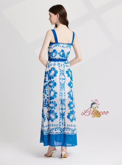 Contrasting Print Suspender Dress