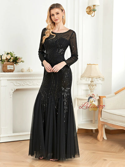 Black Long Sleeve Sequins Prom Dress