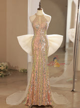 Gold Sequins Beading Backless Prom Dress