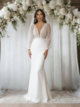 White Mermaid Sequins Long Sleeve Wedding Dress