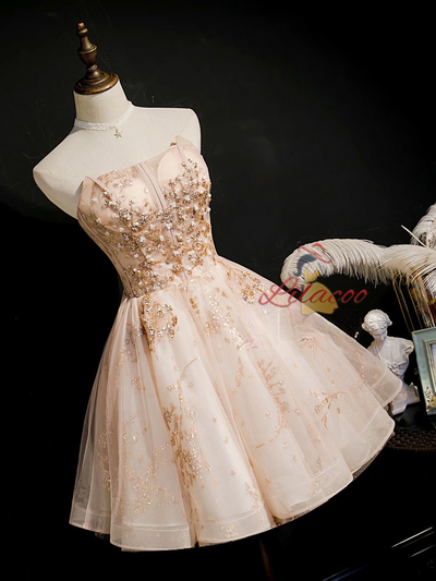 Champagne Tulle Sequins Homecoming Dress
