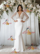 White Mermaid Sequins Long Sleeve Wedding Dress