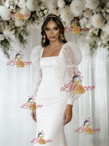 White Mermaid Sequins Long Sleeve Wedding Dress