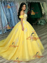 Yellow Tulle Off the Shoulder Appliques Quinceanera Dress