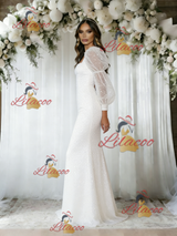 White Mermaid Sequins Long Sleeve Wedding Dress