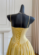 Yellow Straps Pleats Prom Dress