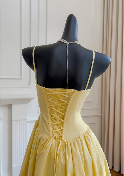 Yellow Straps Pleats Prom Dress