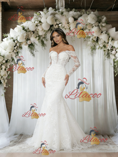 White Mermaid Lace Long Sleeve Wedding Dress