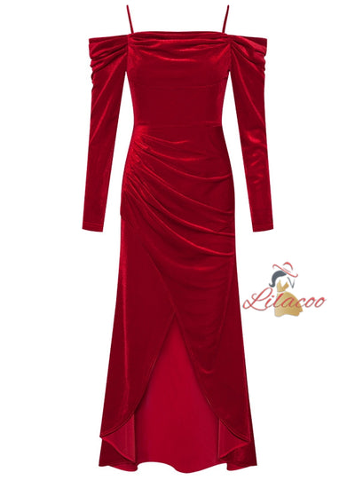 Red Velvet Long Sleeve Pleats Prom Dress