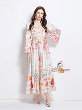 V-neck Trumpet Sleeve Print Dress