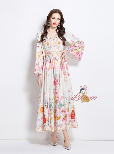 V-neck Trumpet Sleeve Print Dress
