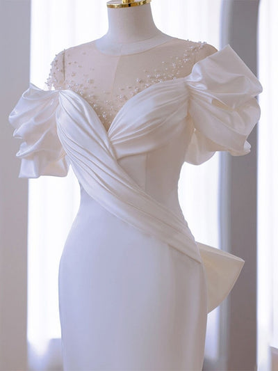 White Mermaid Pleats Bow Wedding Dress