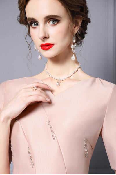 Pink V-neck Beading Mother Of The Bride Dress